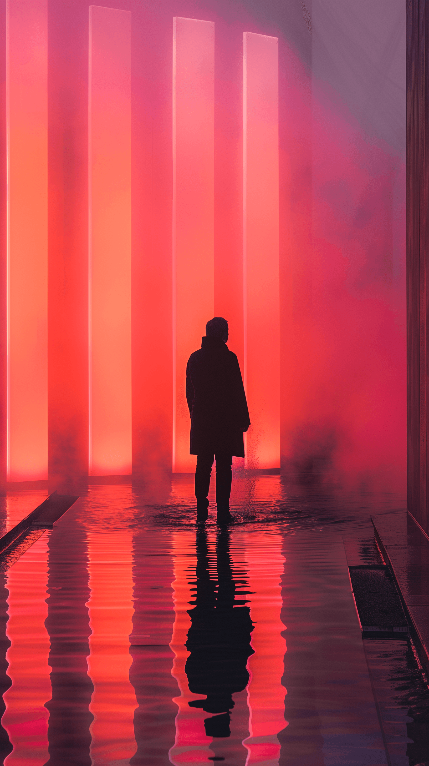 AI generated: silhouette of a lone individual stands before a row of radiant light panels that emit a soft pink gl...