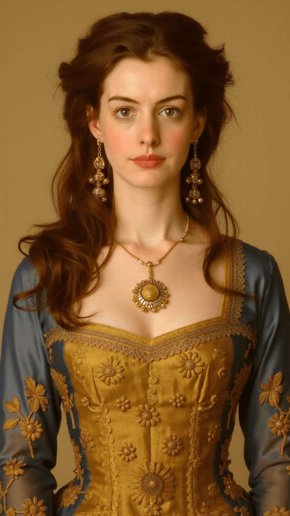 AI generated: This is a hyper-realistic oil painting of Anne Hathaway. She has fair skin, long, wavy, chestnut bro...
