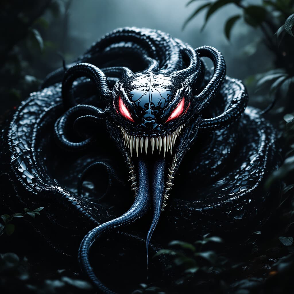 AI generated: Envision a large, predatory snake overtaken by the Venom symbiote, in a hyper-realistic style as see...
