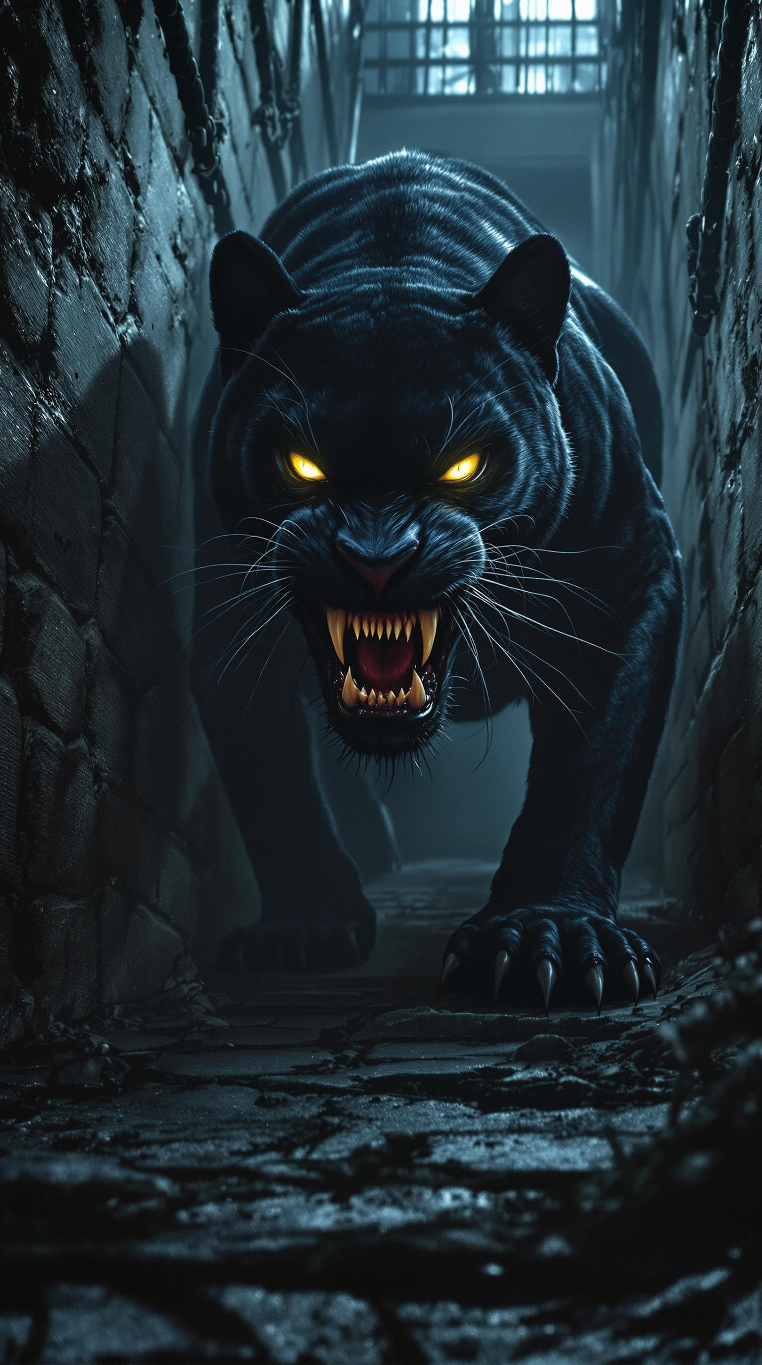 AI generated: A terrifying black panther crouched in the shadows of a maximum-security prison, its piercing yellow...