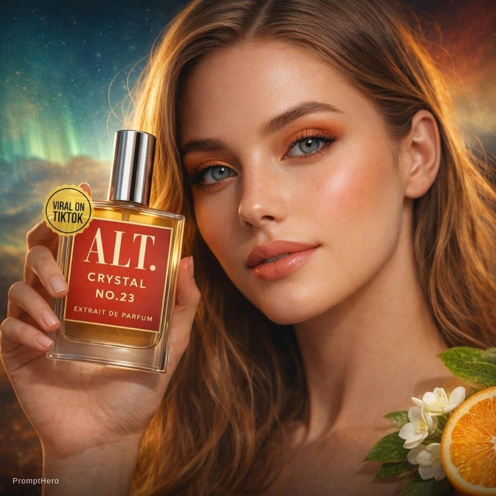 AI generated: make young female model with perfume aurora scents. 
