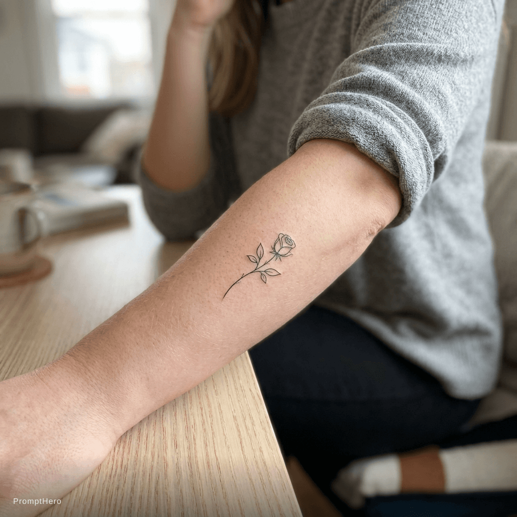 AI generated: small minimalist rose on inner forearm, fine line black ink