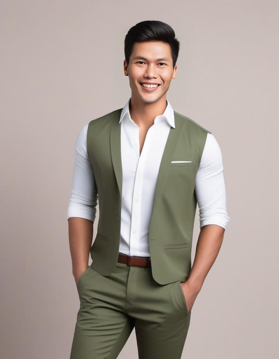 AI generated: Full-length photo of a handsome man with a short haircut, a brunette with green eyes, wearing a whit...