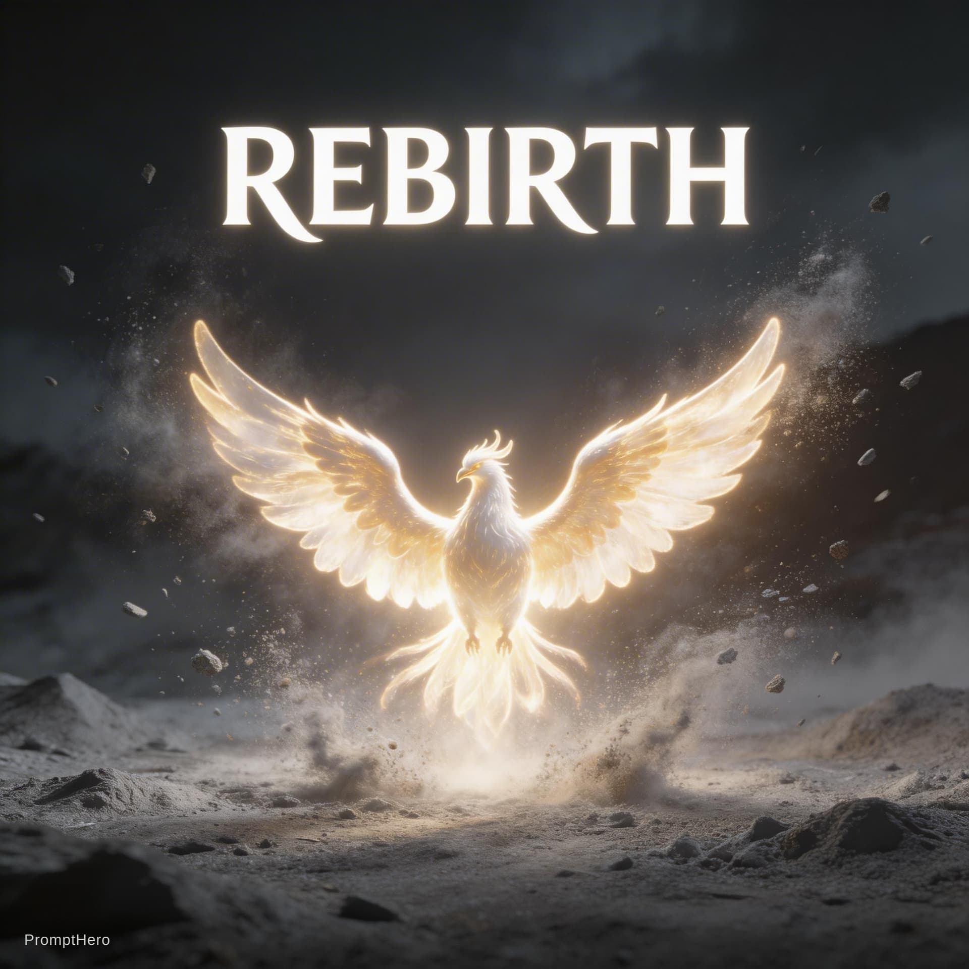 AI generated: Imagine the rebirth of the phoenix as a being of light born from the ashes.It begins with a scene sh...
