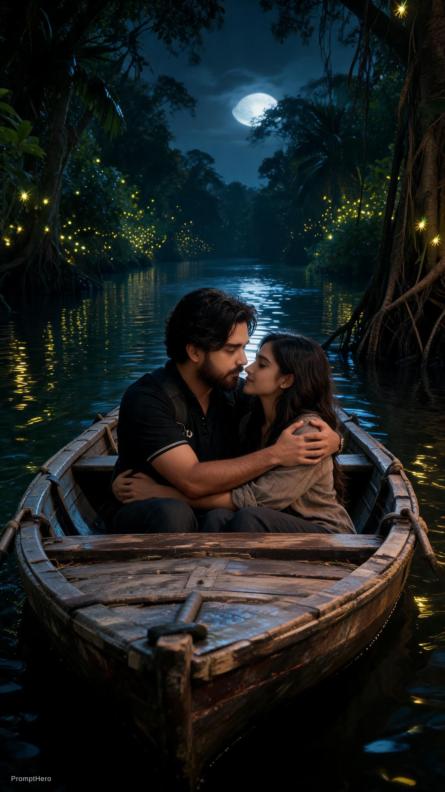 AI generated: a close-up, hyper-realistic photograph of a couple holding each other tenderly while seated in a bat...