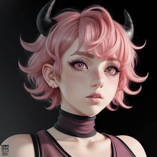 AI generated: anime style, Handsome woman with pink medium short curly hair, freckles, revealing her big deep pink...