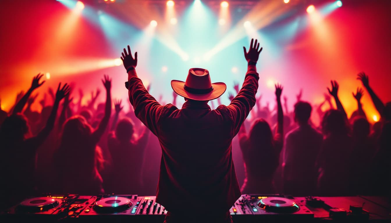 AI generated: A cowboy DJ mixing in a rave club with all people behind with youre hans in the air