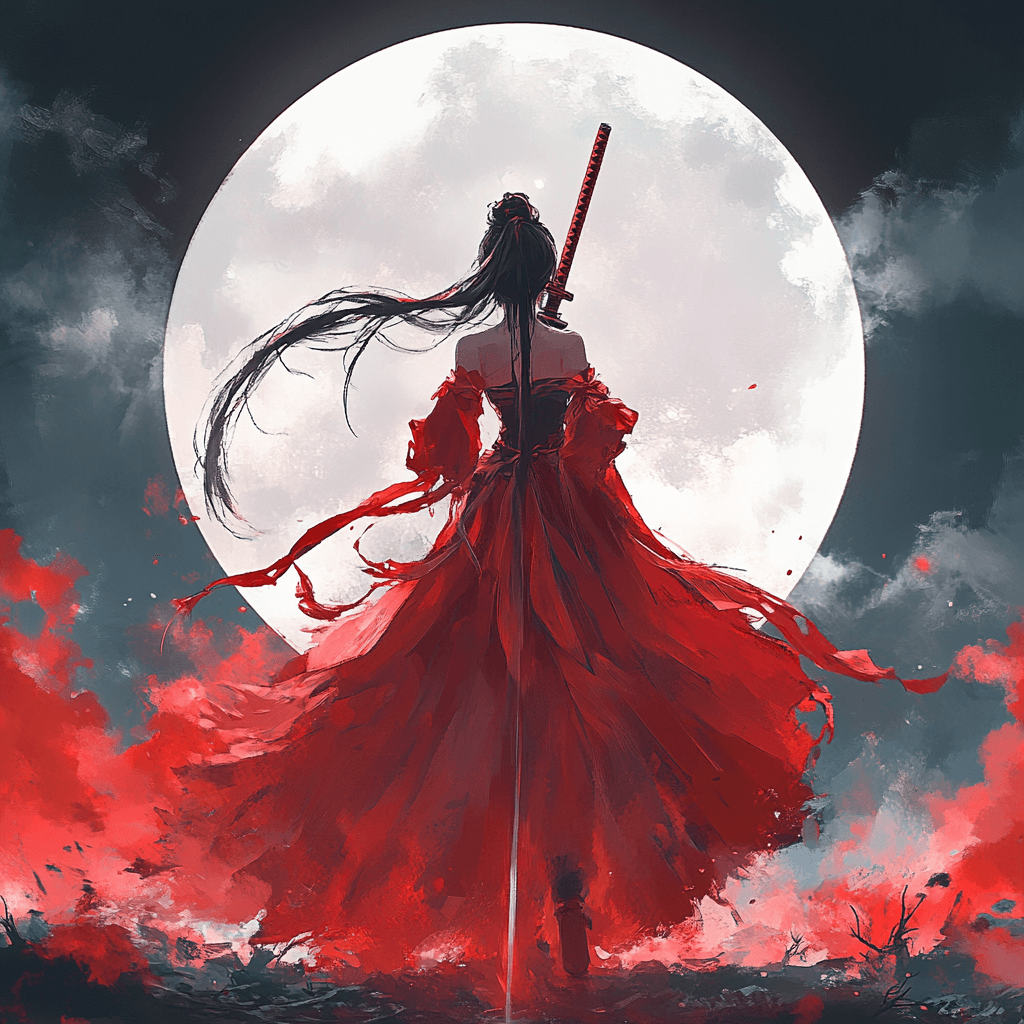 AI generated: As the moon rises high in the sky,1girl, weapon, solo, sword, long hair, fighting stance, dressed in...