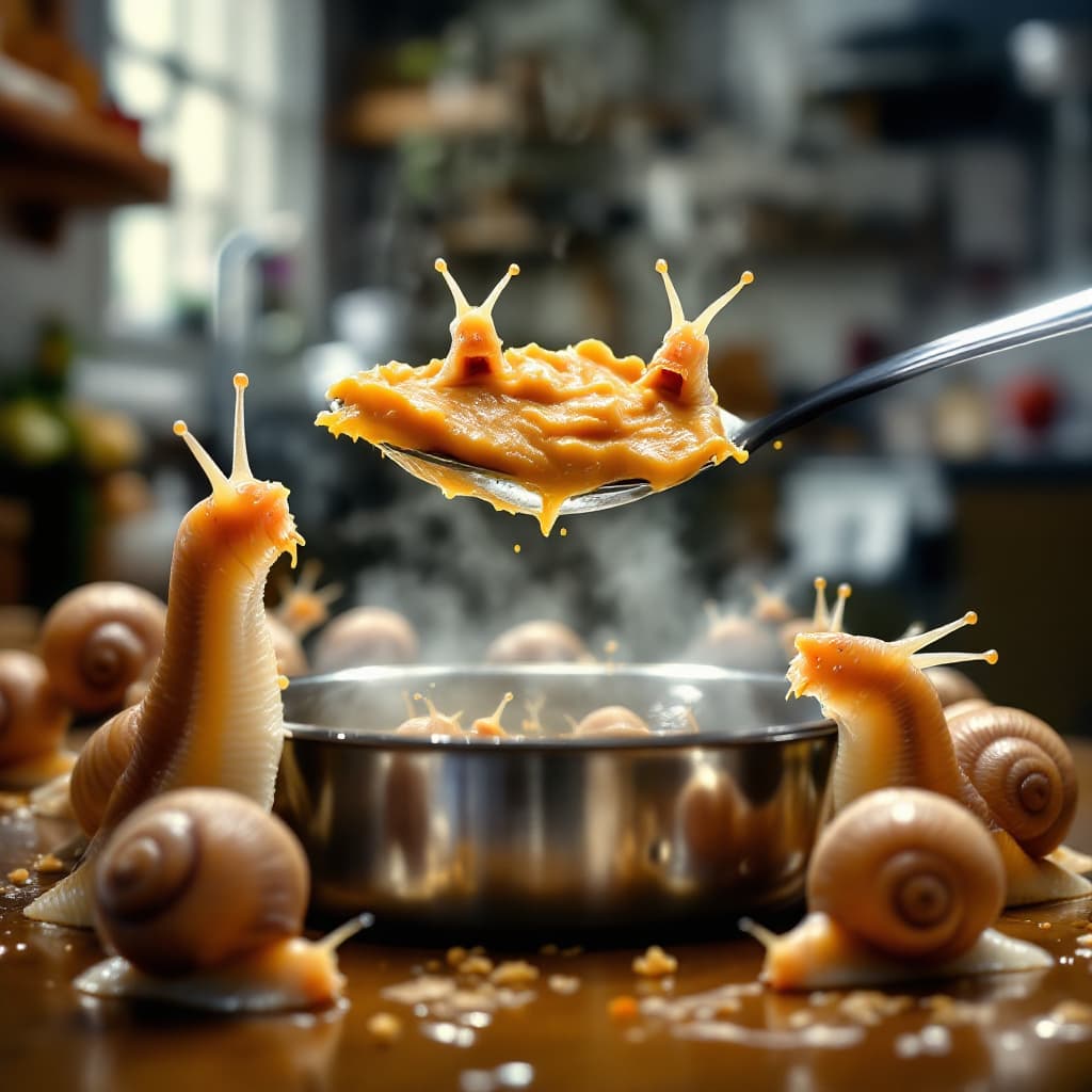 AI generated: A bunch of snails coming out of their shells, enticed by peanut butter on a spoon, located above a p...