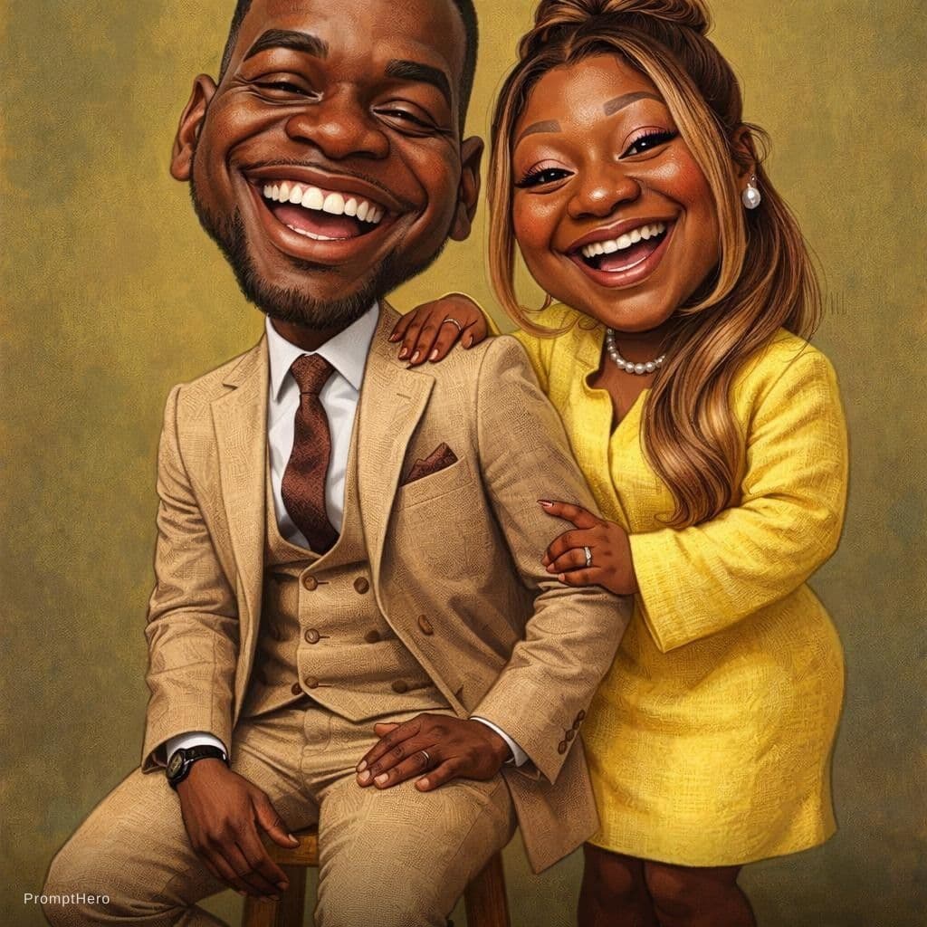 AI generated: funny caricature, adult man and woman (input Image), mid-30's, big cartoonish head, exaggerated cari...