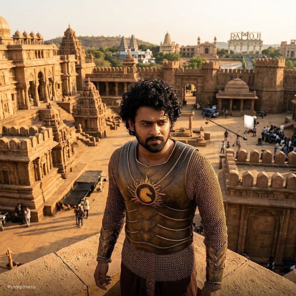 AI generated: Create an image using prompt hero with my favorite hero prabhas at ramoji film City of Hyderabad 