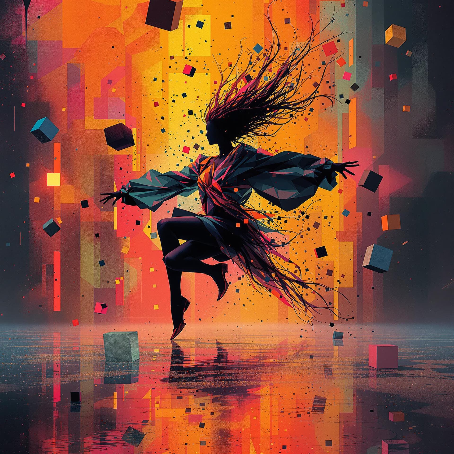 AI generated: minimalistic electro music album cover, perfect cubes, hyper detailsabstract dancing girl, colorful,...