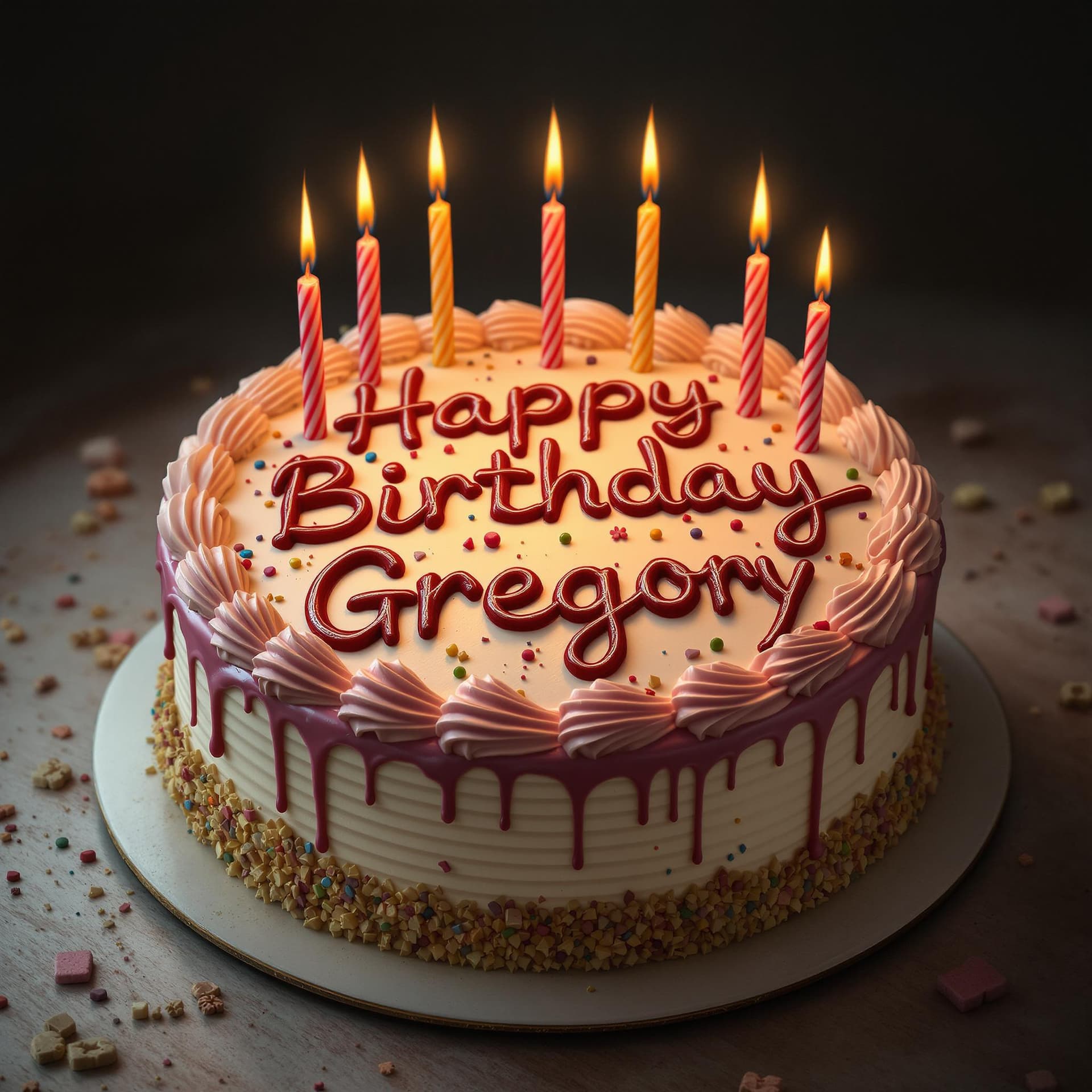 AI generated: hyper realism, high detail, cake, that says happy birthday Gregory on the icing, whole cake, 42 cand...