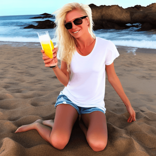 AI generated: a women wearing white t-shirt, on the beach, with drink, rock style, blond hair