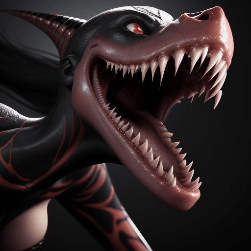 AI generated: CG unity wallpaper , dramatic scene, side view close-up, lady Venom, mouth open and full of sharp fa...