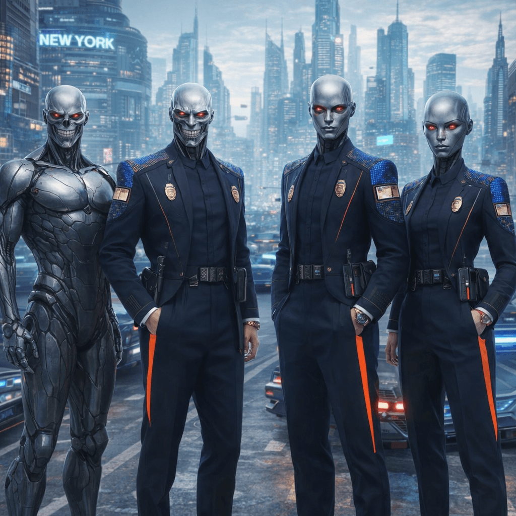 AI generated: Create an image of four futuristic Ailfs, reference images three and four, male and female, as Polic...