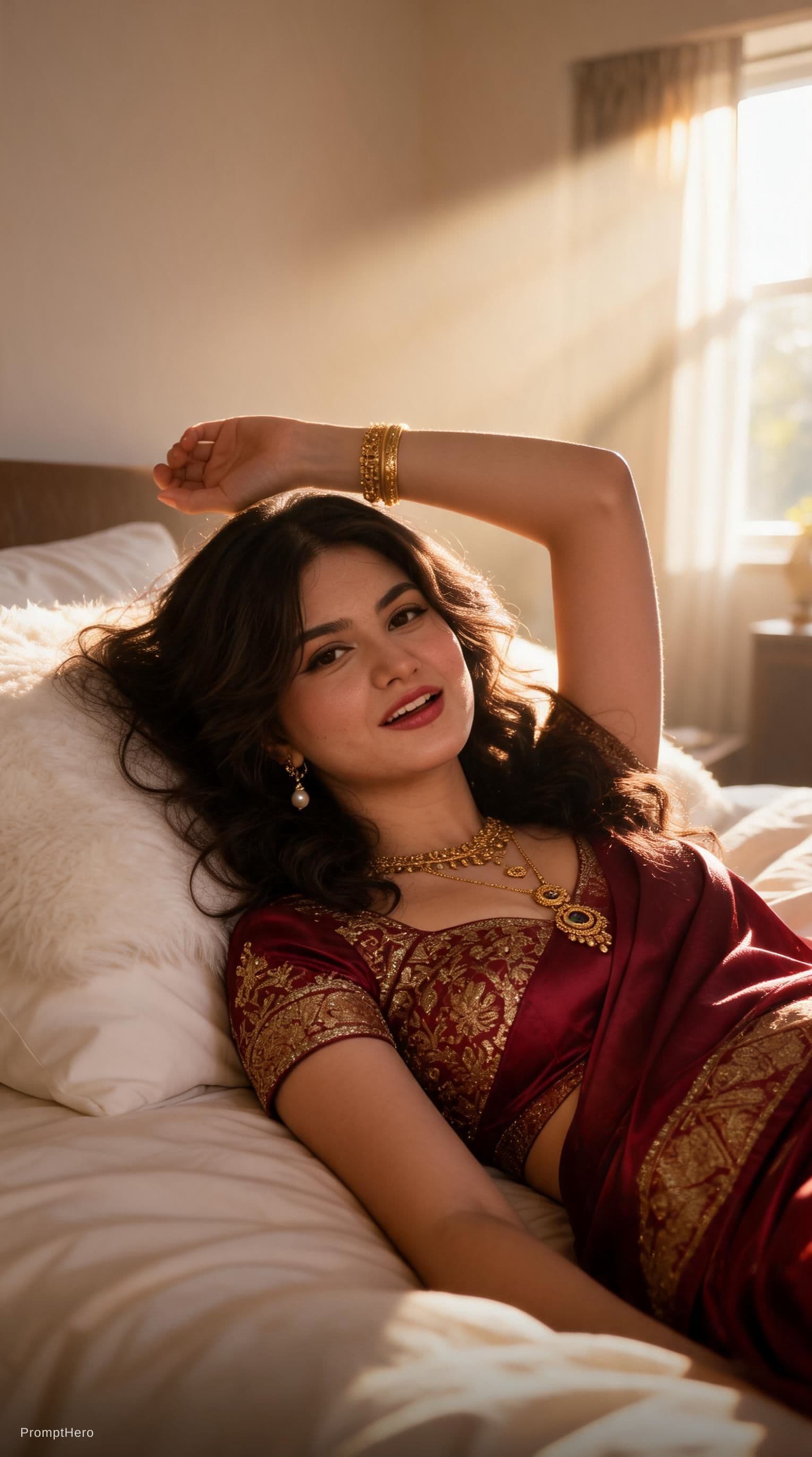 AI generated: Ultra-realistic bedroom photoshoot of a beautiful woman lying on a cozy bed with white pillows and c...