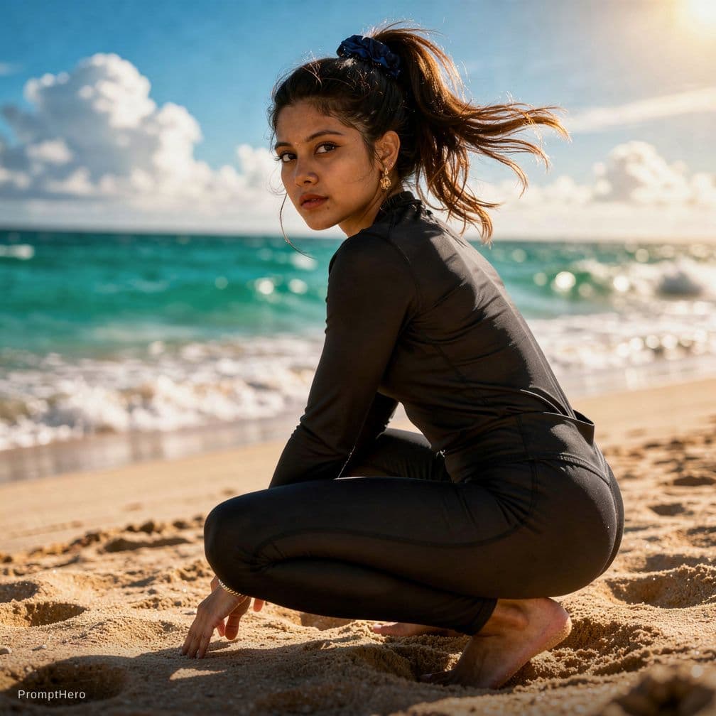 AI generated: A photorealistic cinematic portrait of a topless woman crouching on a sun-drenched tropical beach, v...