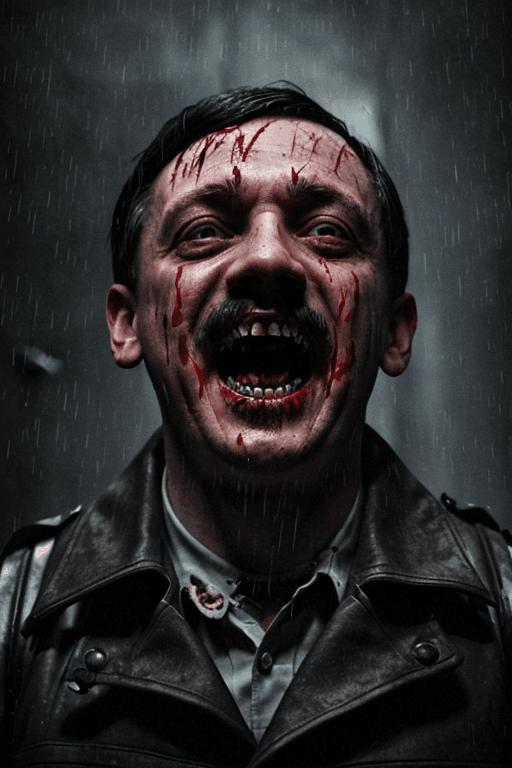 AI generated: (adolf hitler), closeup shot, (wearing a blood-soaked clothes), (dark alley), (night), (raining), ho...