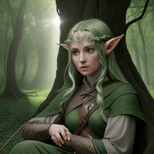 AI generated: female lord of the rings warrior elf sitting under a tree in Lothlórien, watching and expecting an i...