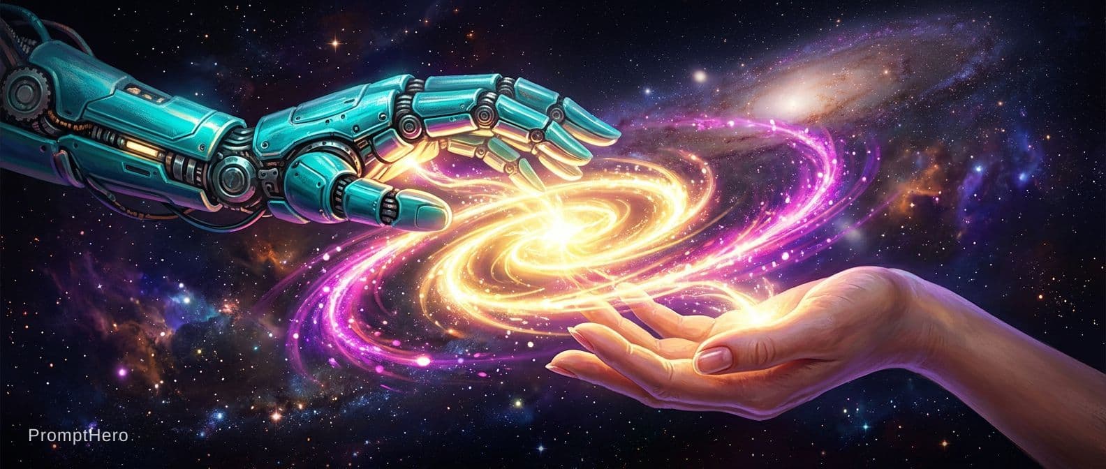 AI generated: 2 Hands. Hand 1: Robot hand, colour turquois metal, relaxed open, relaxed wrist, palm downward. Hand...