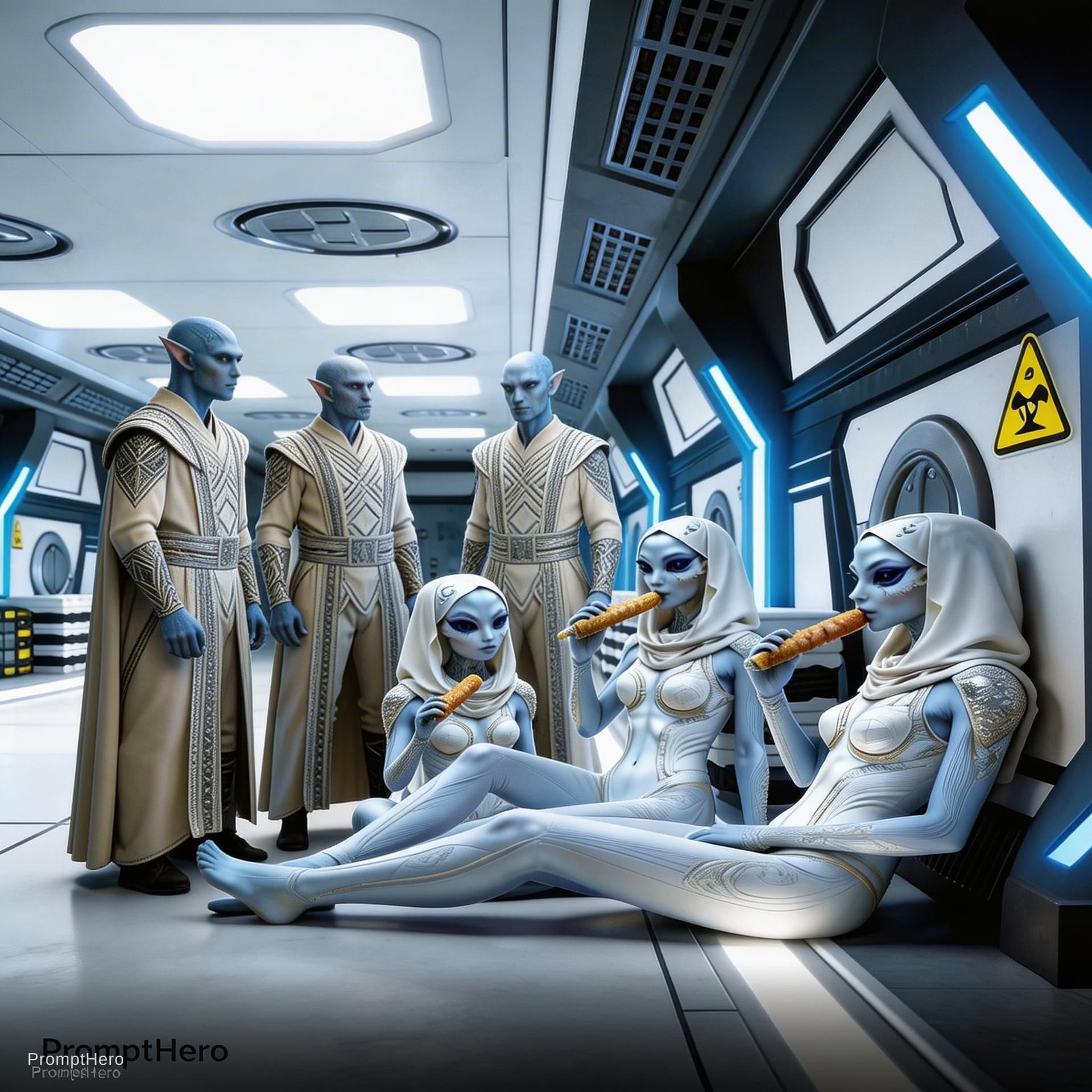 AI generated: Sci-Fi scene. Add the three (3) male characters from reference image 2 to the image of reference ima...