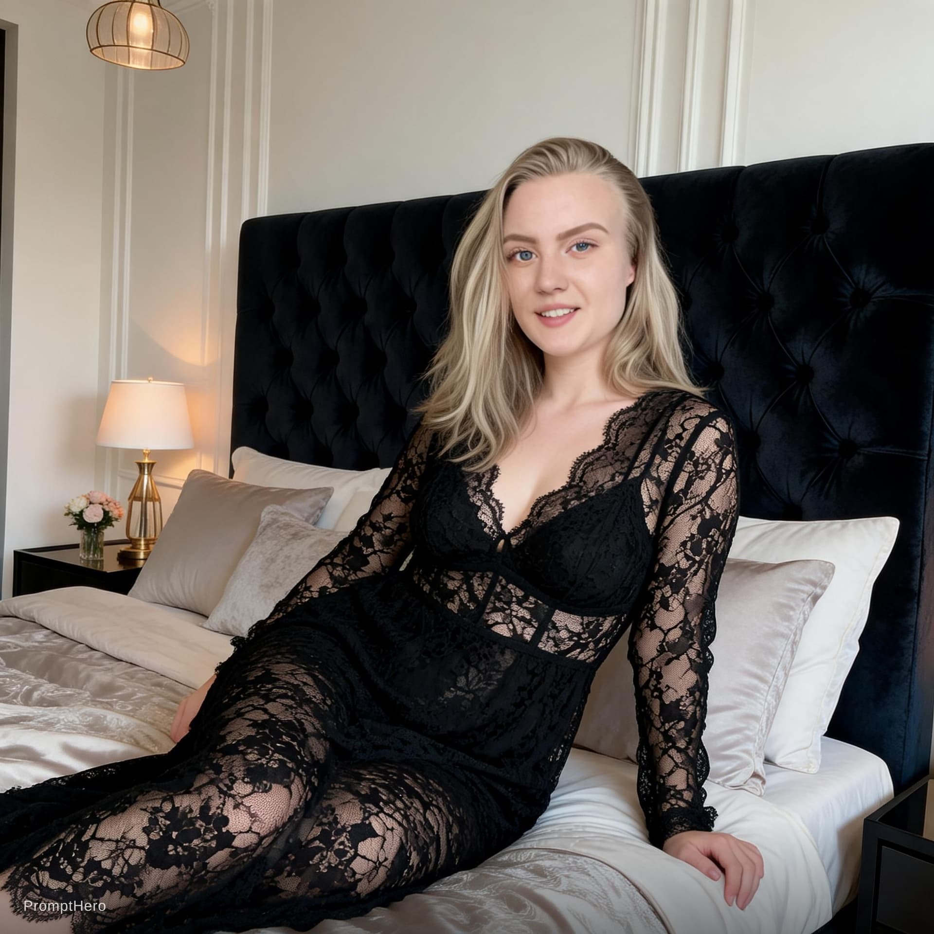 AI generated: model lay on bed wearing black lace lingerie set - separate bra and panties