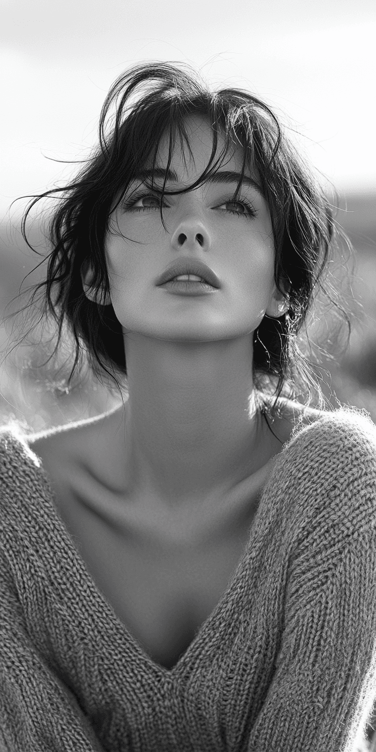 AI generated: Black-and-white photograph of an Italian woman with dark hair, wearing a V-neck sweater, sitting on ...