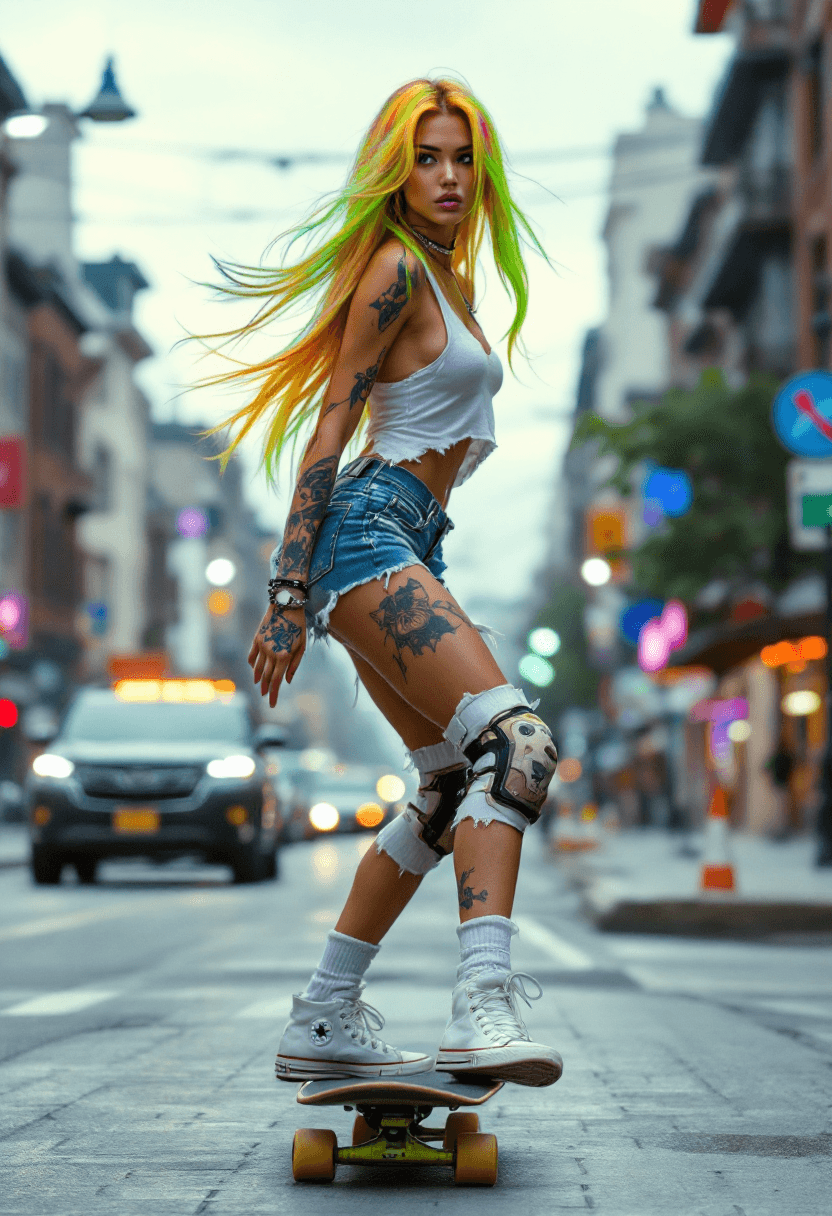 AI generated: (8K) viewed from the side, masterpiece image of a beautiful brunette riding a skateboard down a busy...