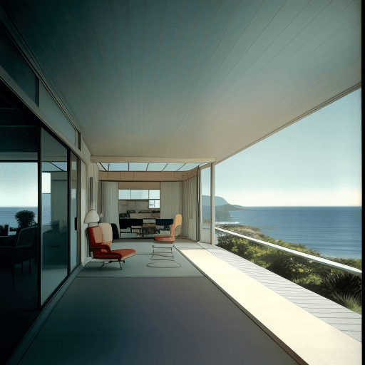 AI generated: Hyper realistic eye level exterior photo of a mid century modern style house overlooking the ocean, ...