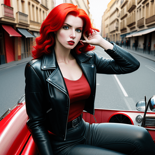 AI generated: Colour street photography of an attractive woman in leather jacket with red hair sitting inside vint...