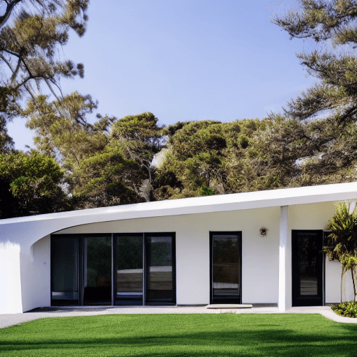 AI generated: Hyper realistic eye level exterior photo of a mid century modern style house overlooking the ocean, ...