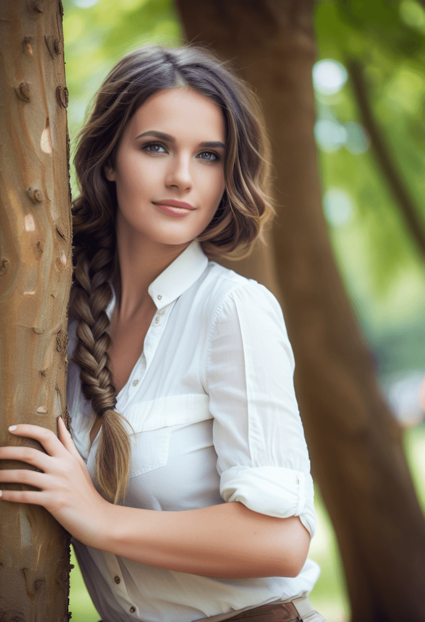 AI generated: This is a photograph of a woman standing partially behind a tree staring at the viewer with a big sm...