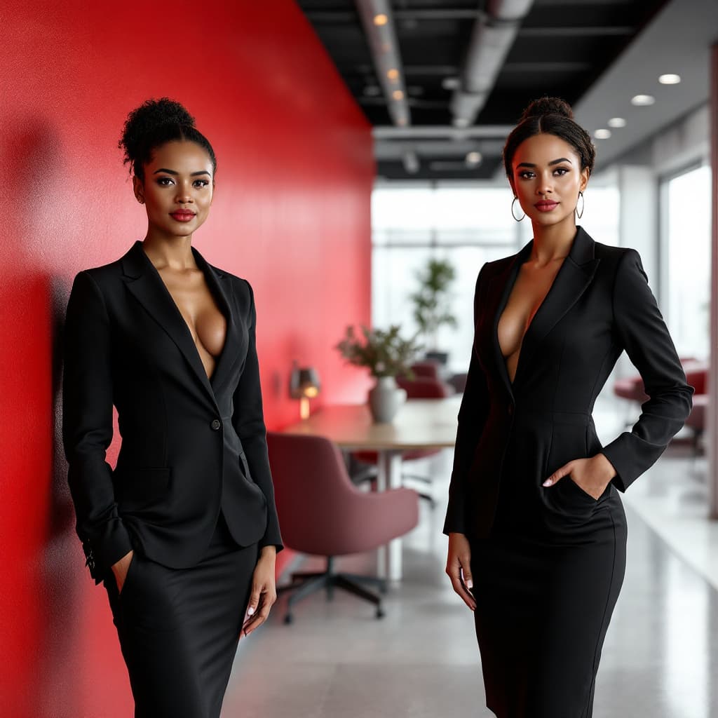 AI generated: BLACK TAX PROFESSIONAL DRESSES NICE IN A MODERN OFFICE THAT HAS A RED WALL AND 