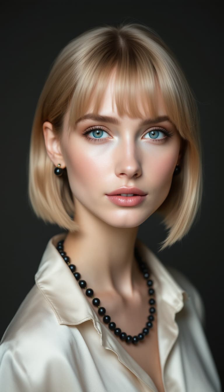 AI generated: "Image is a high resolution portrait photograph featuring a model with a neutral, dark background. S...
