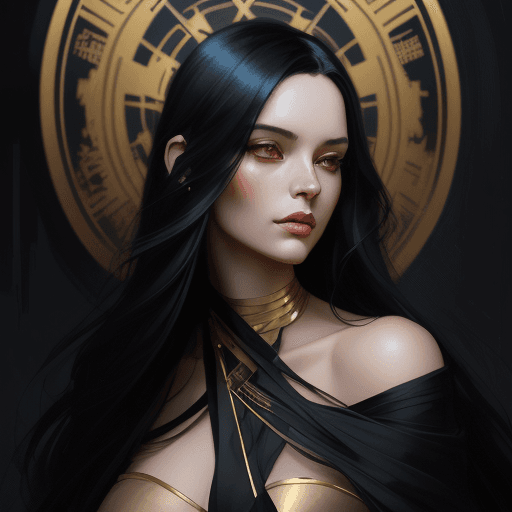 AI generated: a woman with long black hair in a gold painting, in the style of charlie bowater, dark blue and dark...