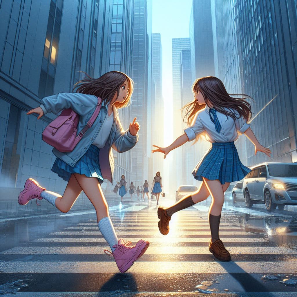 AI generated: 2 girls, the left one standing, the right one running. The right girl almost hit the left one