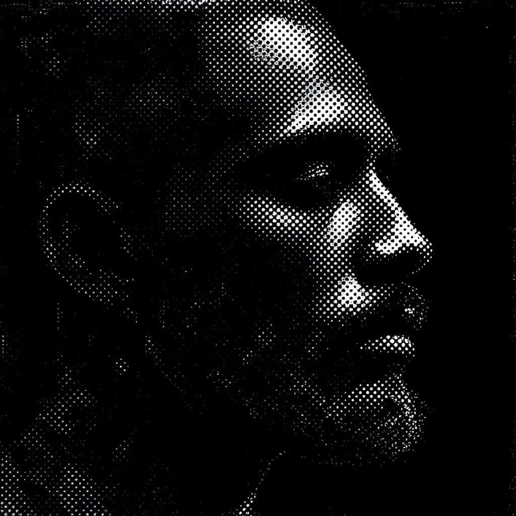 AI generated: An album cover featuring a man's face in the style of navy blue halftone, high contrast against a bl...