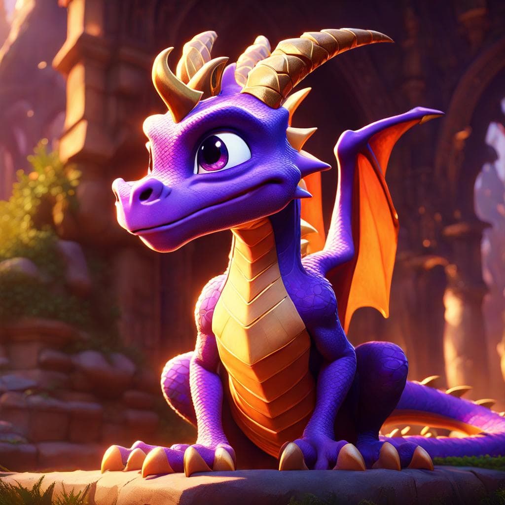 AI generated: Highly detailed full wide view of Spyro the dragon, Spyro's distinct purple scales and his small, li...