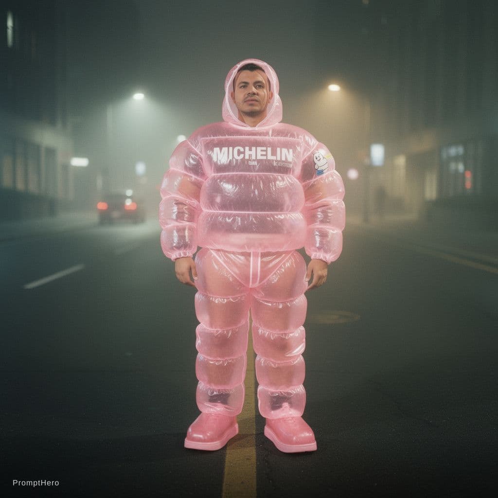 AI generated: fashion photography, man model in full-body, front central view, wearing an oversized fluffy and vin...