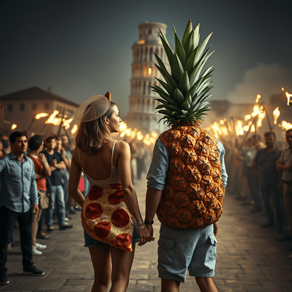 AI generated: photorealistic version of a woman dressed as a slice of pizza and a man dressed as a pineapple while...
