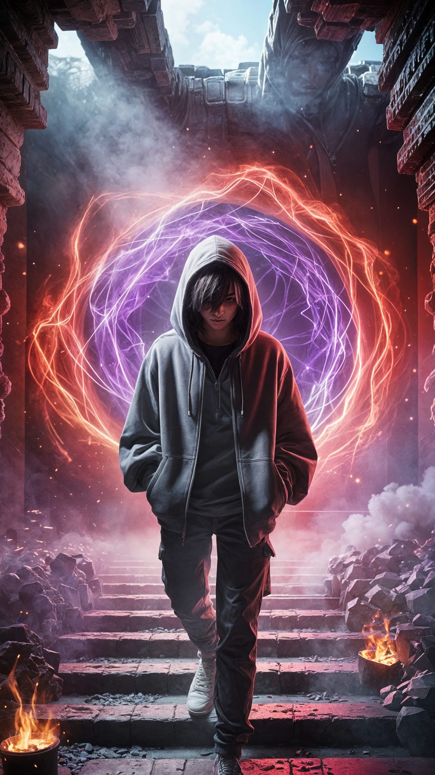 AI generated: A young anime-style character wearing an oversized hoodie, standing before a glowing Nether portal. ...