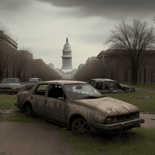 AI generated: post apocalypse,old ruins of citys,trees,gras grow overall,car wrecks ,rusty,,capitol,washington