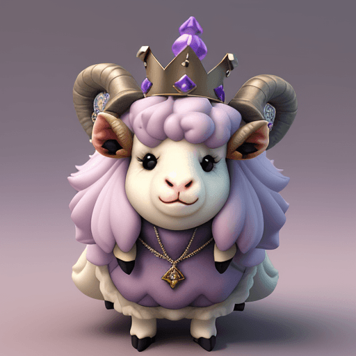 AI generated: Tiny 3D Game Matte Fearful Mossyback sheep Character, Velvet Clothing, Necklace, crown, Romanticism,...