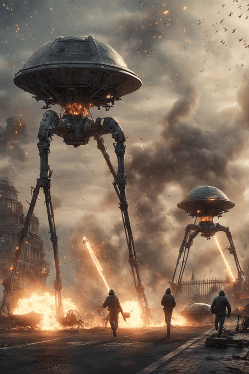 AI generated: tripods from the war of the worlds by H.G. Wells, attacking London laser ,explosions,fire,smoke. peo...