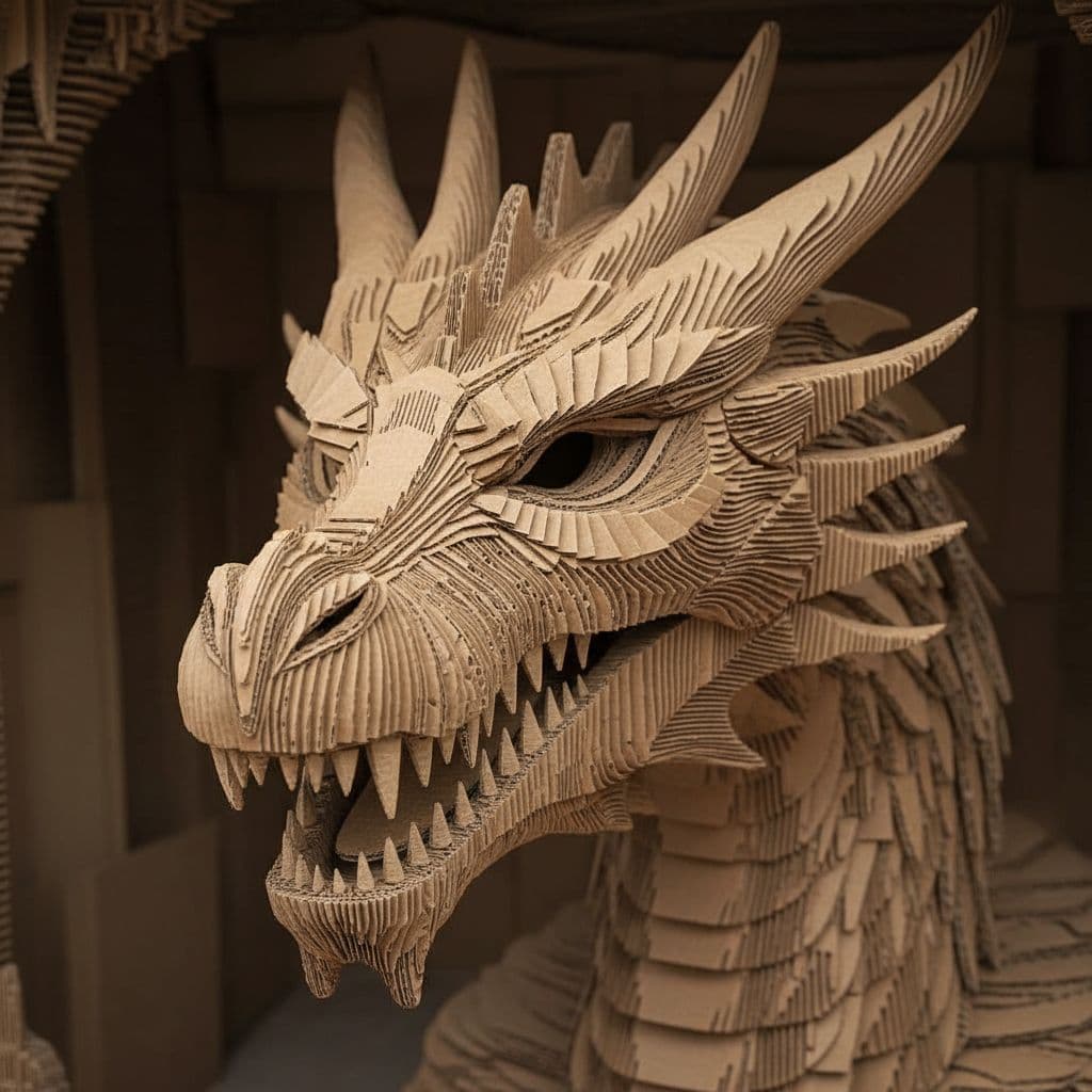 AI generated: a surprising portrait of a dragon made entirely of layered corrugated cardboard, with structured cre...