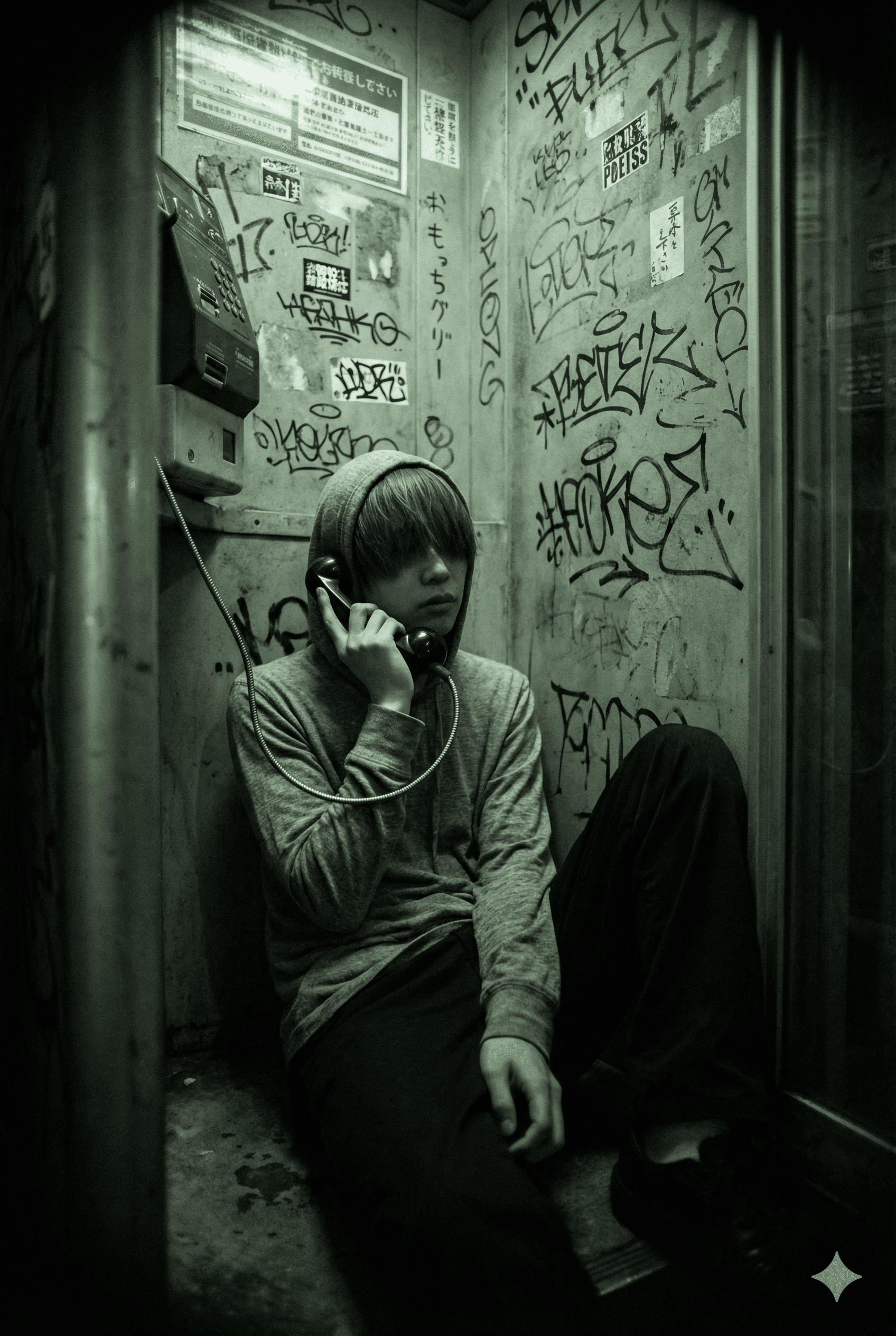 AI generated: Cinematic urban portrait with a gritty, melancholic tone. A young person sits on the floor of a narr...