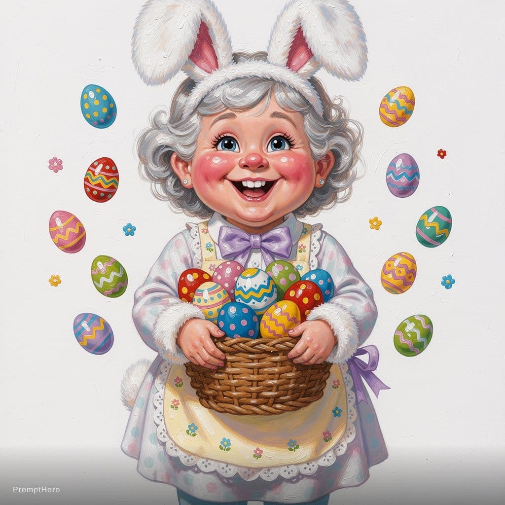 AI generated: cute caricature glossy acrylic oil, mary engelbreit, cheerful older woman dressed as an Easter Bunny...