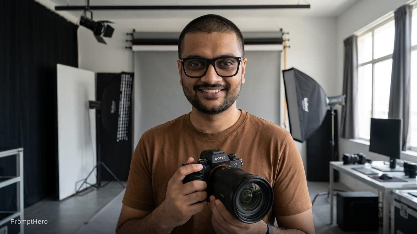 AI generated: create an image of a 31 year old photographer wearing a brown t-shirt, short haircut, average  build...