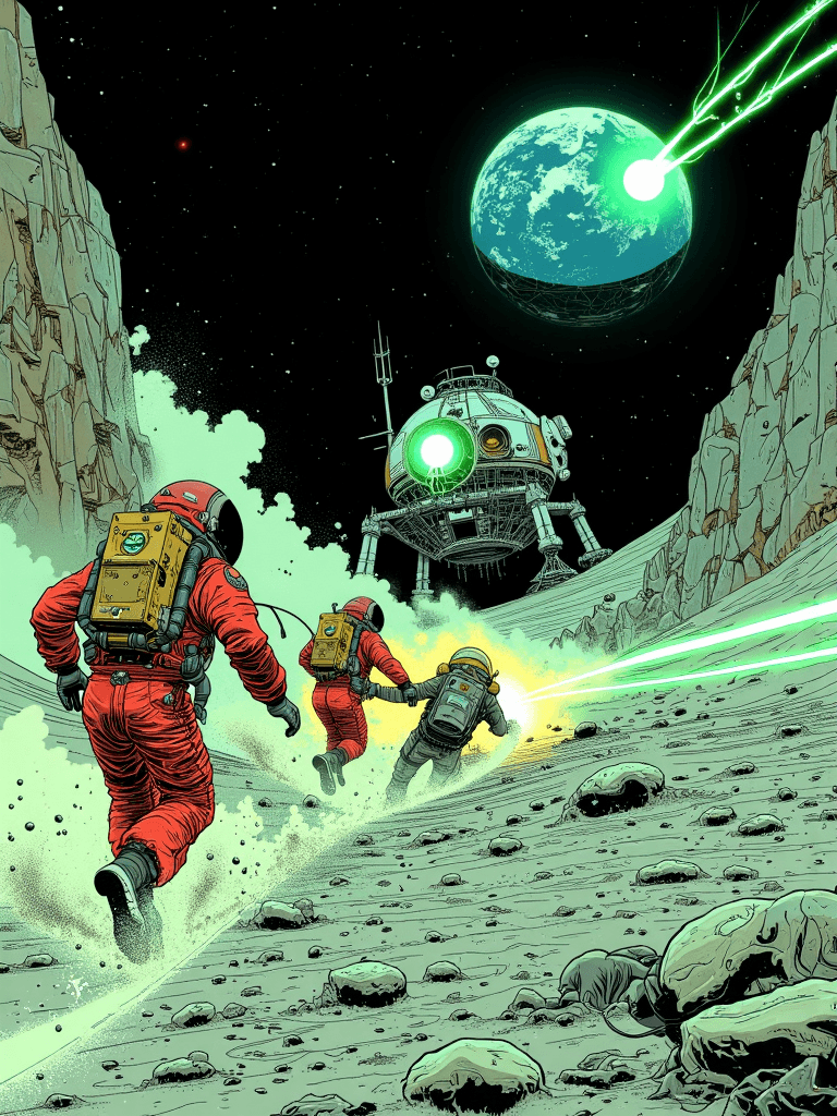 AI generated: A dark, gritty comic-style illustration, worn and heavy with texture, depicting the astronauts makin...